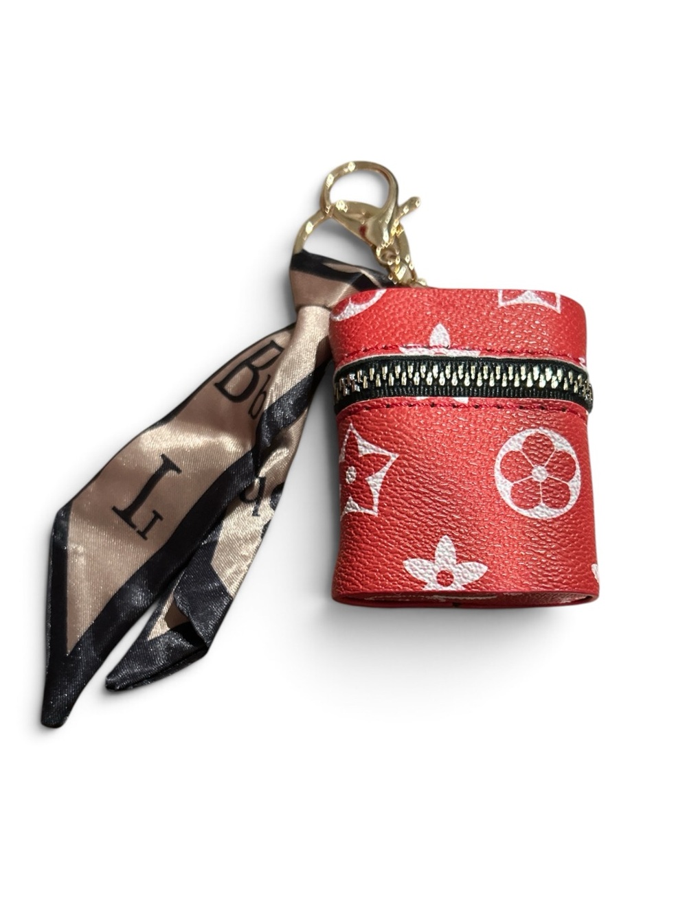 Fashion Red Monogram Keychain Pouch with Scarf Accent
